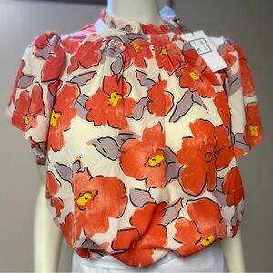 New THML W’s Blouse Top M/L Floral Orange Multi-Color Flutter Sleeve High Neck